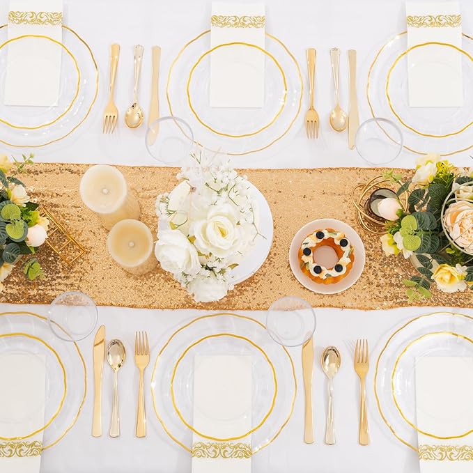 LIYH 700 Pcs Gold Plastic Dinnerware Set for 100 Guests, Disposable Plastic Wavy Clear Plates for Wedding Include 100 Dinner & Dessert Plates, 100 Napkins, 100 Cups, 100 Cutlery for Party Birthday