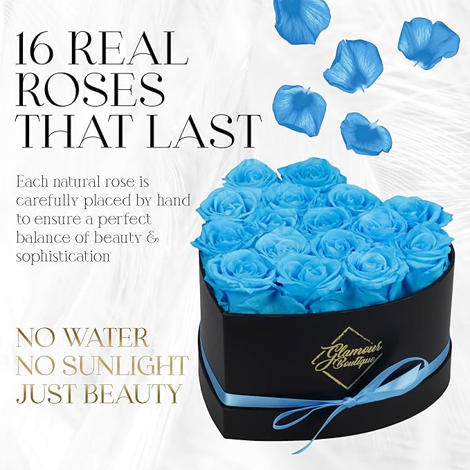 GLAMOUR BOUTIQUE 16 Flower Forever Heart Shape Box, Eternal Preserved Roses Gift for Her, Lasting Flowers, Romantic Floral Keepsake for Birthday, Anniversary or Valentine’s Day, Teal (Color-Treated)