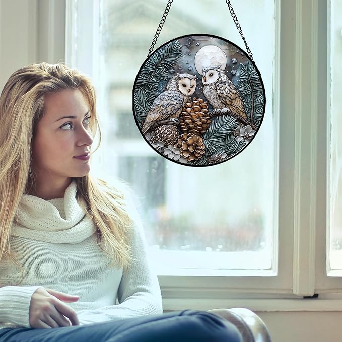 Stained Glass Window Hanging - Owl On A Tree Suncatcher for Doors Garden Patio Winter Scene Sun Catchers Decor Christmas Mother's Day Birthday Gifts for Women Men Mom Nana Friend 11.8 in