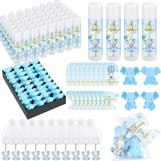 288 Baby Shower Favors Baby Shower Gifts Bulk Lip Balms Soaps Keychains Organza Bags Guest Appreciation Gift with Thank You Tags and Cards for Guest Gift(Blue,Elephant)