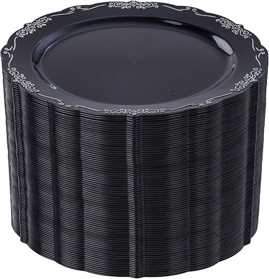DaYammi 60PCS Black and Silver Plastic Plates, Heavy Duty Black and Silver Disposable Plates Premium 7.5 inch Dessert Cake Salad Appetizer Plate Hard Plastic Plate Disposable for Party Wedding