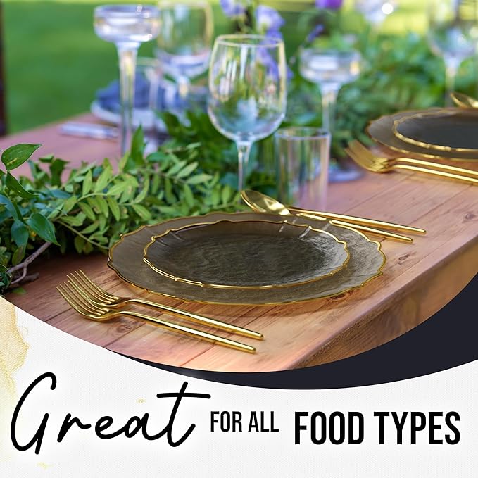 Exquisite Disposable Plastic Plates for Party 80 Piece Fancy Plastic Plates Disposable Plates 40 X 7.5 Dessert Plates disposable & 40 X 10 Thin Delicate Plastic Disposable Plates Black Smoke Gold Rim