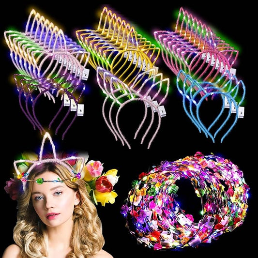 Xinnun 50 Pcs LED Unicorn Ear Headbands Bulk, Light up Cat Flower Headband Glow Crown Rabbit Ear Head Accessories for Adults Valentine's Day Mardi Gras Carnival Glow in the Dark Supplies