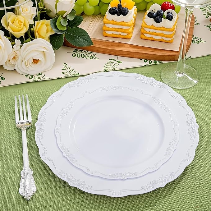 DaYammi 60PCS White and Silver Plastic Plates, Heavy Duty White and Silver Disposable Plates Premium 10inch White Dinner Plates Hard Plastic Plates Disposable for Party Wedding Bridal Shower
