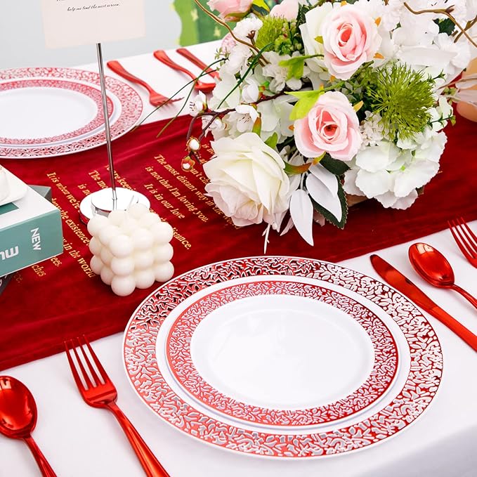 U-QE 150PCS Red Plastic Plates with Red Plastic Silverware, Red Disposable Plates Include 30 Dinner Plates 10.25", 30 Salad Plates 7.5",30 Forks,30 Knives,30 Spoons Perfect for Valentine's Day