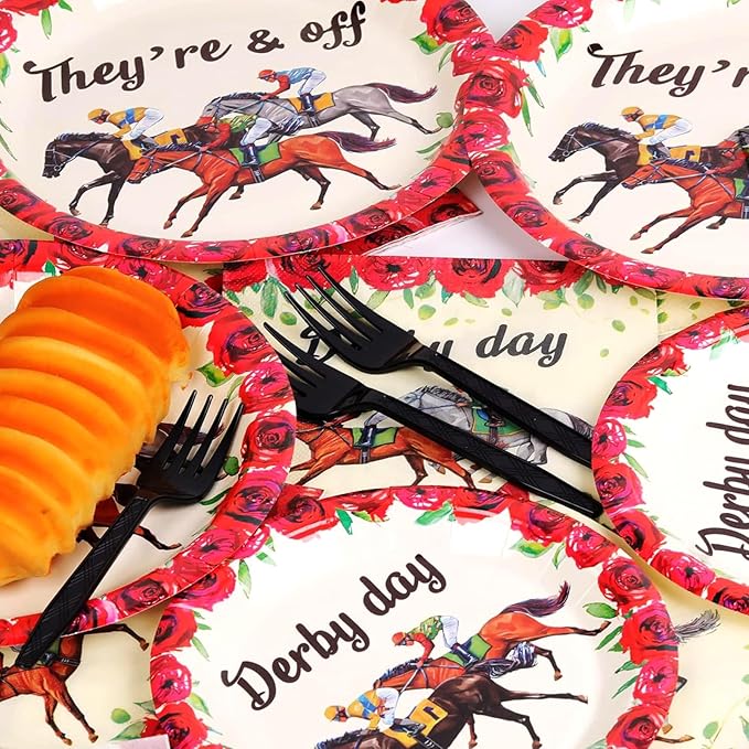 50 Guests Derby Day Plates and Napkins Party Supplies Kentucky Horse Racing Party Decorations Disposable Tableware Set Run for the Roses Dinnerware Favor for Race Day Kentucky Horse Party, 200PCS