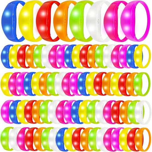 100 Pcs Sound Activated LED Bracelets for Adults Party Light Up Bracelets Wedding LED Bracelet Neon Glow in the Dark Party Favors for Concert (red,yellow,blue,green,orange,white,purple,hot pink)