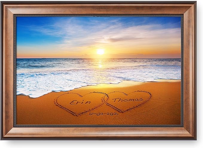 Heart and Heart at Beautiful Sunrise Unique Personalized Framed Art with Couple's Names and Special Date on Beach,Perfect Present Love Gift for Anniversary,Wedding,Birthday and Holidays