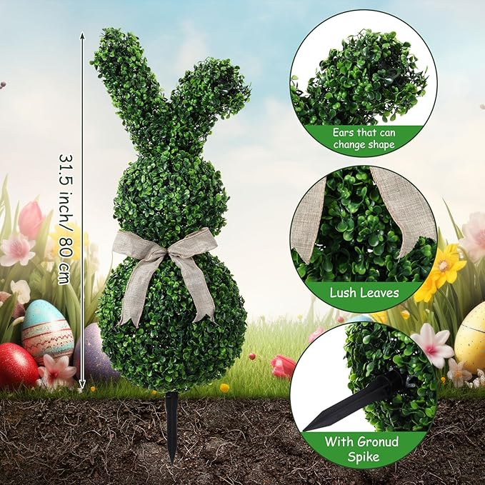 2 Pcs 31.5 Inch Easter Artificial Bunny Shaped Topiary Trees with Ground Spike, Spring Faux Boxwood Topiary Rabbit Bushes Potted Fake Shrubs for Garden Patio Front Porch Indoor Outdoor Decor
