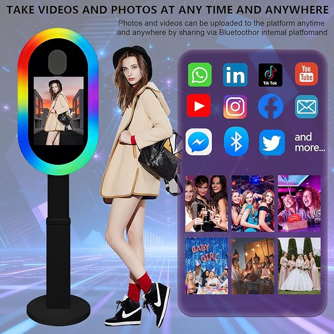 Photo Booth Shell Compatible with iPad Tablet 10.2'' 10.5’’ 10.9'' 11'' 12.9'' 13'' Selfie Protable iPad Photo Booth Machine with Flight Case for Parties Wedding Rental (Black, Photo Booth Machine)
