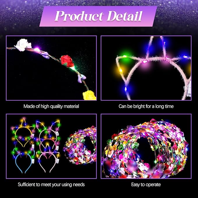 Xinnun 50 Pcs LED Unicorn Ear Headbands Bulk, Light up Cat Flower Headband Glow Crown Rabbit Ear Head Accessories for Adults Valentine's Day Mardi Gras Carnival Glow in the Dark Supplies