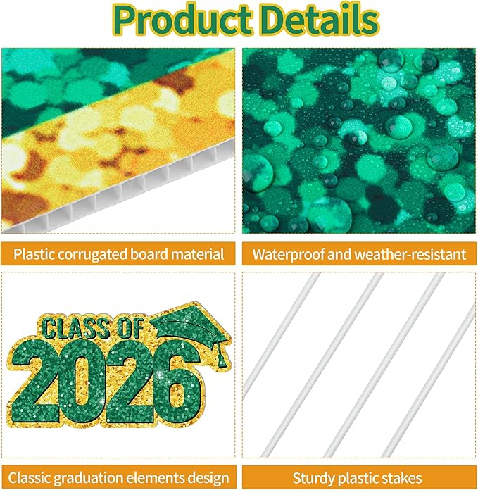 ANVAVO 2026 Congrats Grad Yard Signs Graduation Waterproof Decorations Graduation Yard Sign Decorations Grad Party Outdoor Lawn Decor with Stakes, Green and Gold