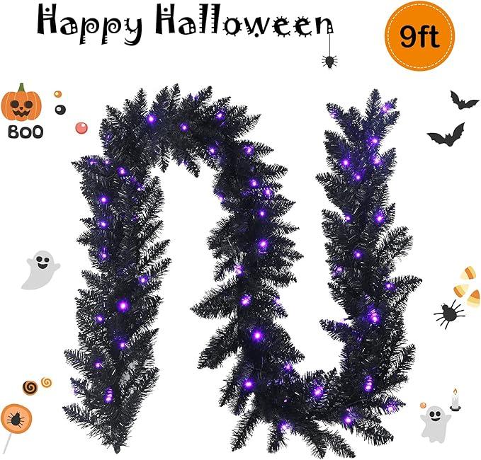 Goplus 9FT Black Christmas Garland with Lights, Pre-lit Artificial Battery Operated Halloween Garland W/ 50 LED Lights, Waterproof Controller with Timer, Xmas Decorations for Indoor Stairs Fireplace