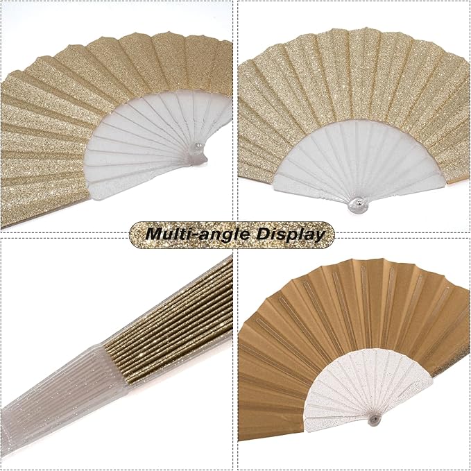 48 Pack Handheld Fan,Folding Hand Glitter Fan with Shining Transparent Fan Rib – Ideal for Wedding, Church, Festival, Dance, Tea Party, Club, and EDM Accessories, Light Gold