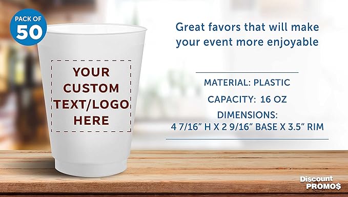 DISCOUNT PROMOS Custom Frosted Plastic Stadium Cups, 50 pack, Promotional Text, Logo, 16 oz. Shatterproof Flexible Reusable Party Cups, Natural