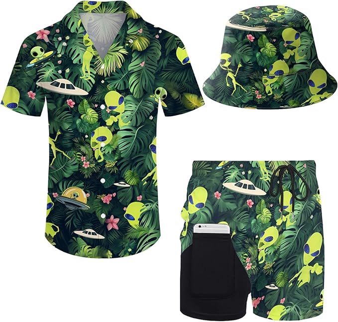 Men's Hawaiian Shirt and Shorts Set 2 Piece Beach Outfits with Bucket Hats for Beach Days and Summer Vibes