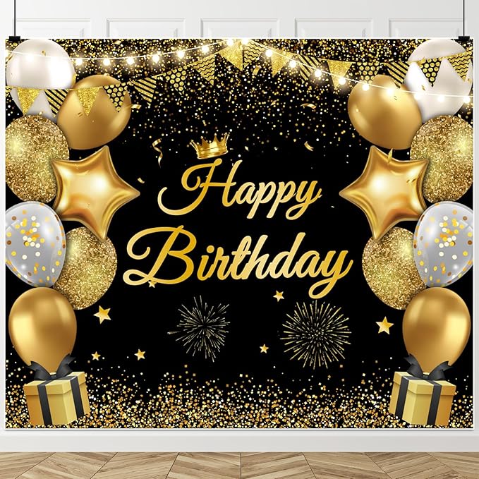 Chloroplastid 10x8ft Happy Birthday Backdrop Banner for Men Women Boys Girls Black and Gold Balloons Birthday Backdrop for Kids Children Birthday Party Background Decorations
