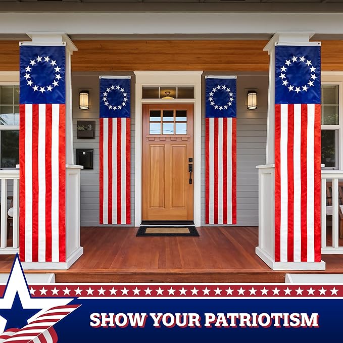 G128 Betsy Ross American Patriotic Bunting & Flag Pulldown, 13 Embroidered Stars in Circle Pattern with 7 Fully Sewn Stripes, Decorative Bunting, 20" x8', 20 Inch Width and 8 Foot Long (1 Piece)