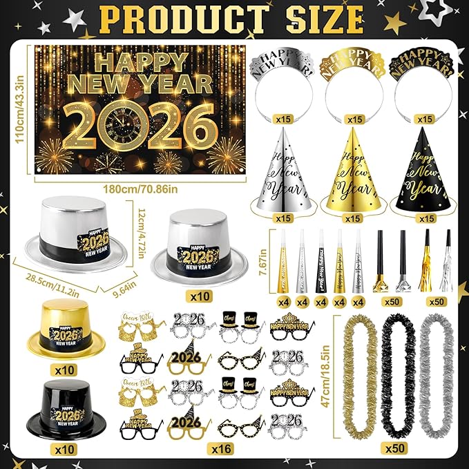 MOVINPE 2026 New Years Eve Party Supplies Bulk Serve 120 - New Year's Banner Backdrop Top Hats, Cone Hats, Tiara, Glasses, Leis, Horns, Blowouts, Noiese Makers, Event Party Favors
