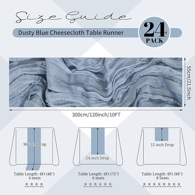 24 Pack Dusty Blue Cheesecloth Table Runner 120 inch Fall Thanksgiving Boho Rustic Gauze Farmhouse 10FT Cheese Cloth Runner for Baby Shower Wedding Party Holiday Home Decor
