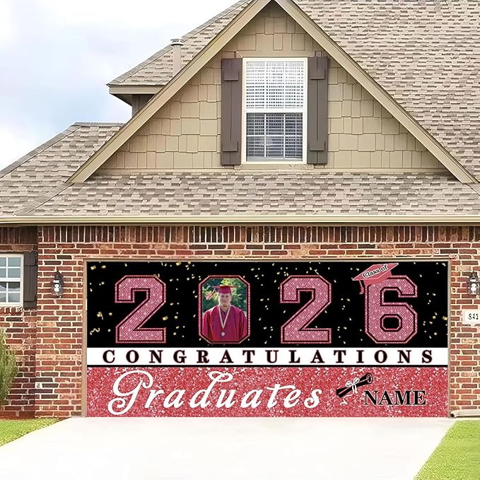 Custom Photo Graduation Garage Door Banner Personalized 2026 Grad Banner 7x16ft Porch Door Sign Decoration Outdoor Photo Booth Backdrop Party Supplies(Rose Gold Pink)