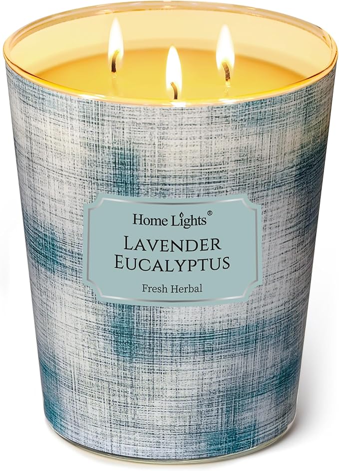 HomeLights Scented Candles | Large Jar 34 Oz Natural Soy Candle | 130 hrs Long-Lasting with 3 Wicks | Scandinavian Minimalist Design Home Decor | Gifts for Mom & Women, Lavender Eucalyptus