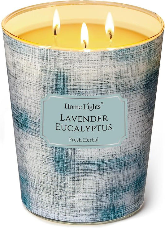HomeLights Scented Candles | Large Jar 34 Oz Natural Soy Candle | 130 hrs Long-Lasting with 3 Wicks | Scandinavian Minimalist Design Home Decor | Gifts for Mom & Women, Lavender Eucalyptus