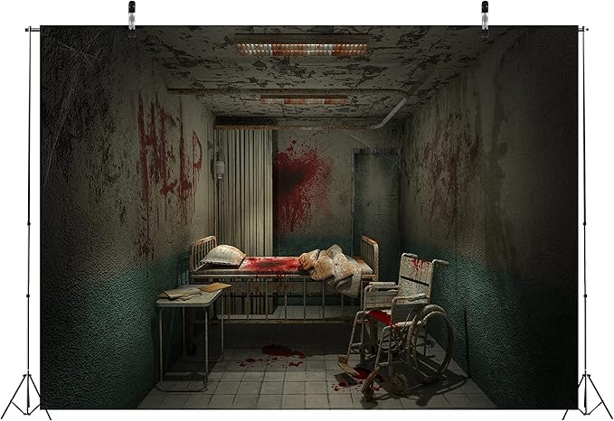 CORFOTO 9x6ft Fabric Creepy Hospital Bloody Ward Room Backdrop Horror Hospital Interior Background for Halloween Zombie Party Decorations Kids Adults Birthday Party Banner Movie Film Photobooth Props
