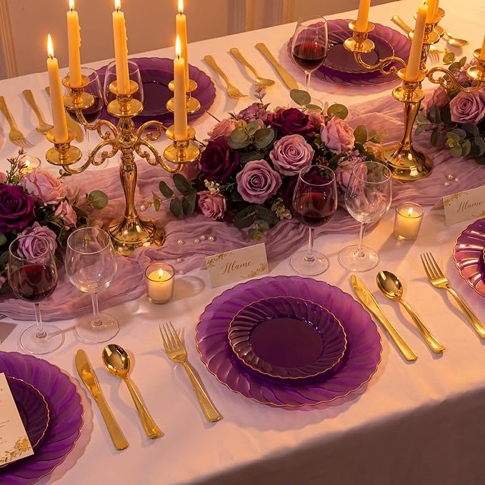 YOUBET 125PCS Purple Plastic Dinnerware Set - Gold and Clear Purple Disposable Plates Include 50 Plastic Plates 75 Silverwares for Wedding Birthday Parties & Mardi Gras Party