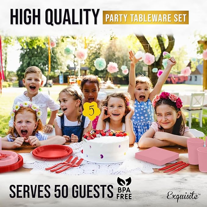Party Solids 350 Pieces Valentines Plastic Plates For Party, Valentines Disposable Plates Set, 50 Of Each 9" Dinner Plate Set, 7" Dessert Plate, Cups, Napkins & Cutlery Plastic Dinnerware