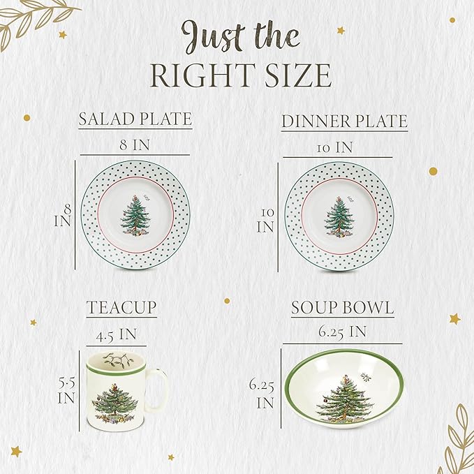 Spode Christmas Tree 4-Piece Dinnerware Setting - Fine Earthenware Holiday Tableware - Dishwasher & Microwave Safe, Festive Christmas Plates, Bowls, Mug - Holiday Dining Essentials