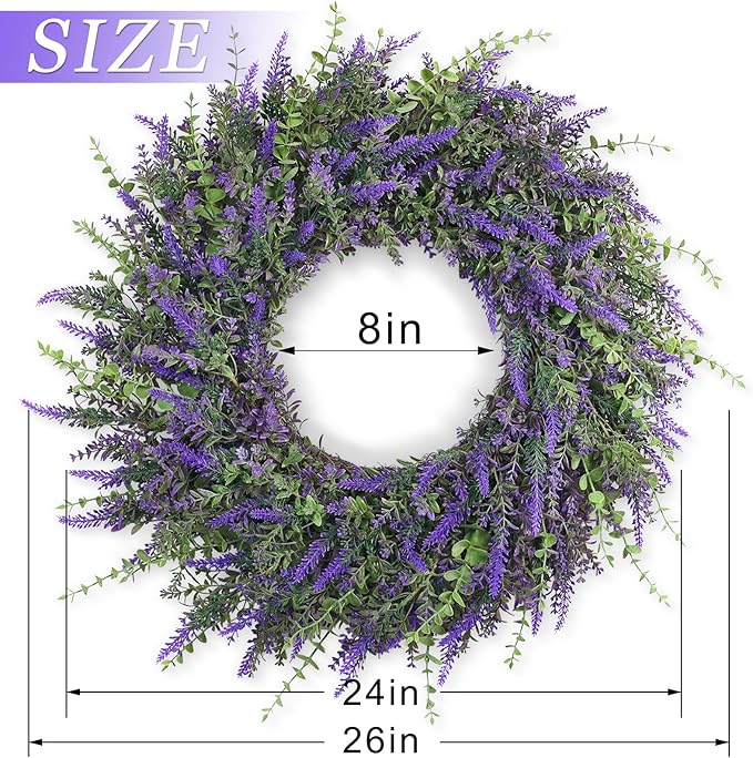 26'' Large Eucalyptus and Lavender Wreath for Front Door, Porch, Window- Artificial Eucalyptus Leaves with Lavender Wreath for Home, Farmhouse Wall Decor- Spring, Summer, Fall, All Seasons (Purple)
