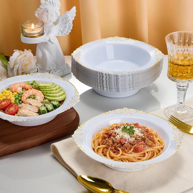 100 Pack White Plastic Bowls with Gold Relief Rim, 12oz Plastic Salad Bowl, Disposable Bowls for Party, Dinners, Weddings, Christmas, Thanksgiving, Valentine's Day