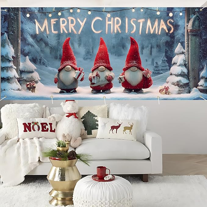 Christmas Garage Door Banner 7x16FT, Cute Christmas Gnomes Garage Door Cover, Large Outdoor Holiday Garage Decoration for Driveway, Porch and Winter Party Backdrop