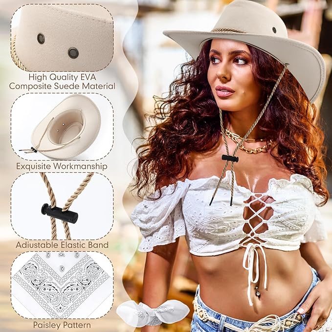 Coume 30 Pieces Western Cowboy Hat Costume Accessories Paisley Bandanna Set Cowgirl Hats Bulk for Adult Women Men Dress Party