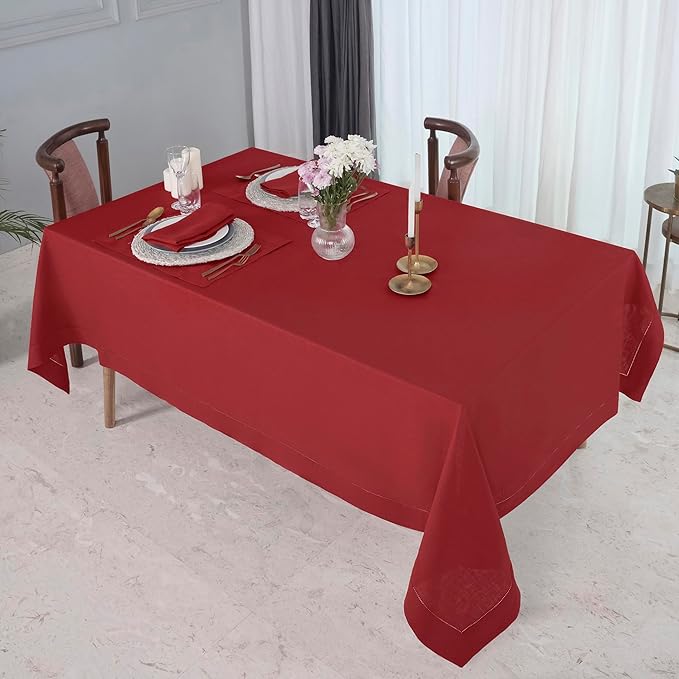 D'Moksha Homes Red Linen Tablecloth for Rectangle Tables 60 x 90 Inch - 100% Pure Linen Red Table Cloth - Classic Hemstitch, Machine Washable Tablecloth for Valentines, Spring