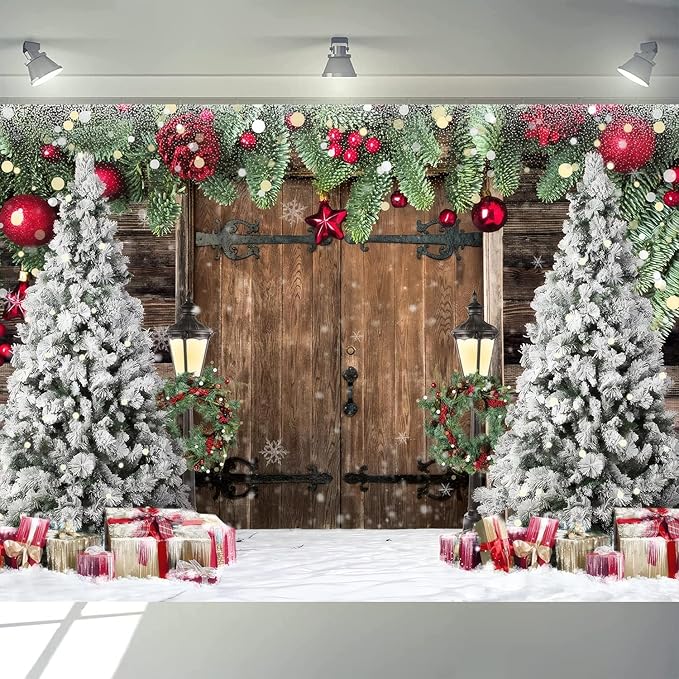 8x10ft Christmas Backdrop Snowy Wooden Door Background Pine Garland Christmas Trees Gifts Lanterns Red Gold Ornament Winter Photography Backdrop Xmas Party Banner Home Wall Decoration 114