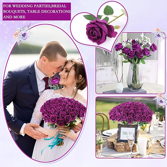 Hananona Artificial Roses in Bulk, Fake Silk Roses Realistic Roses for Wedding Centerpieces Flower Arrangement Home Decor (50, Purple)