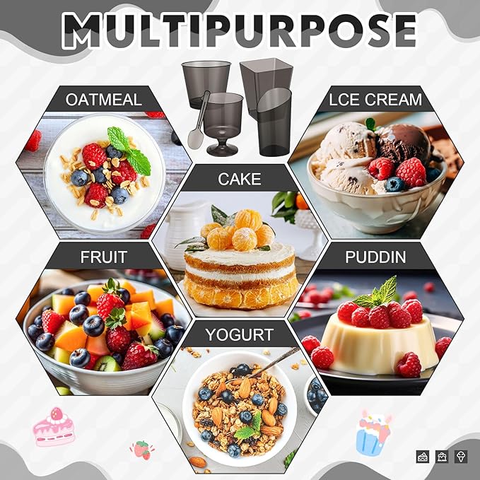 300 Pack Clear Black Mini Dessert Cups with Spoons 5oz 3oz Plastic Square Slanted Parfait Appetizer Shooter Round Goblet for Dessert Table Adult Birthday Party Pudding Ice Cream Cake Yogurt