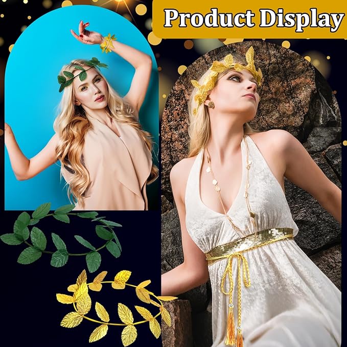 40 Pcs Greek Headband for Toga Party, 7.28 Inch Gold and Green Laurel Wreath Headbands, Greek Roman Goddess Headbands, Golden Leaf Crown Headpiece for Women, Toga Party Decor and Photo Props