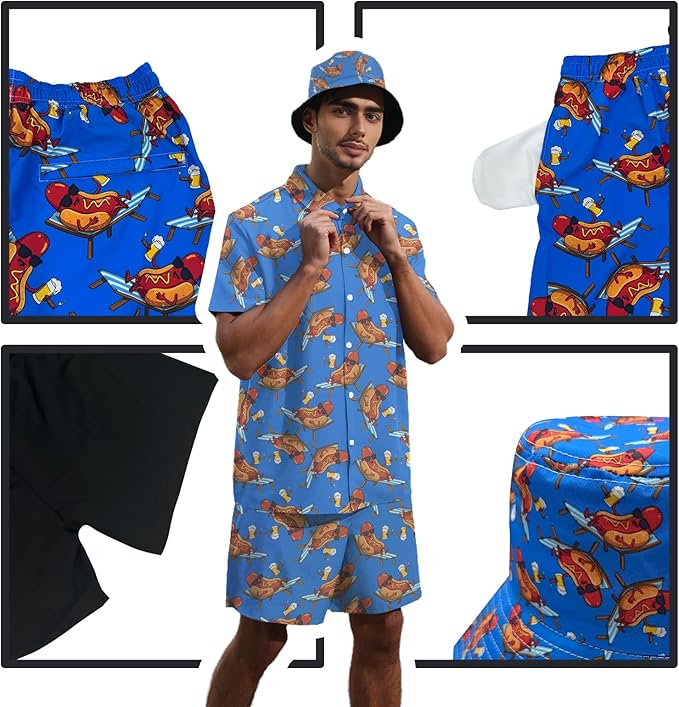 Men's Hawaiian Shirt and Shorts Set 2 Piece Beach Outfits with Bucket Hats for Beach Days and Summer Vibes
