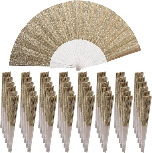 48 Pack Handheld Fan,Folding Hand Glitter Fan with Shining Transparent Fan Rib – Ideal for Wedding, Church, Festival, Dance, Tea Party, Club, and EDM Accessories, Light Gold