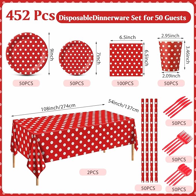 452 Pcs Red Polka Dot Party Supplies for 50, Red and White Polka Dot Paper Plates Napkins Cups Tablecloth Cutlery Straws for Mouse Birthday Carnival Family Picnic Barbecue Party Decoration