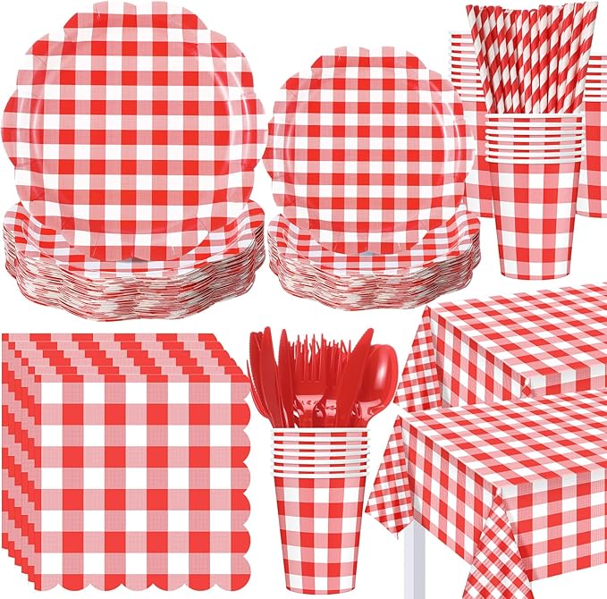 452 Pcs Red Gingham Party Supplies for 50, Red and White Gingham Checkered Paper Plates Napkins Cups Tablecloth Cutlery Straws for Birthday Family Picnic Camping Barbecue Party Decoration