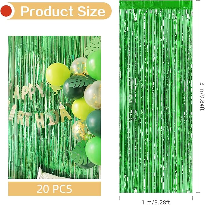 20 Pack Green Foil Fringe Curtains 3.2ft x 9.8ft Black Foil Curtain Backdrop Metallic Tinsel Curtains Streamer Photo Booth Backdrop for Birthday Party Engagement Bachelorette Party Decorations