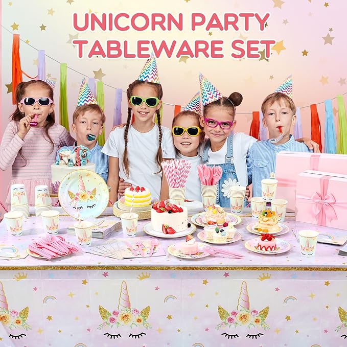 452 Pcs Unicorn Themed Birthday Party Decorations Include Unicorn Paper Plates Napkins Cups Tablecloth Cutlery Straws Rainbow Pastel Theme Party Supplies for Birthday Decorations