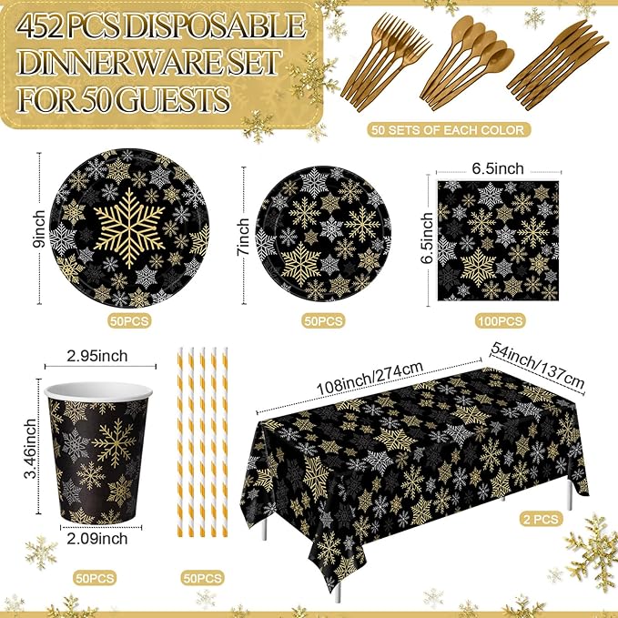 452 Pcs Christmas Snowflake Party Supplies Black Gold and Sliver Snowflake Paper Plates and Napkins Cups Tablecloth Cutlery Straws for 50 Guests Winter Xmas Birthday Party Decoration