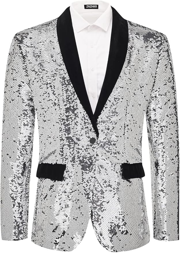 Men's 70s Disco Shiny Sequin Blazer Jacket for Weddings Prom & NightclubsSparkling Metallic Tuxedo Coat with Stretch Fabric