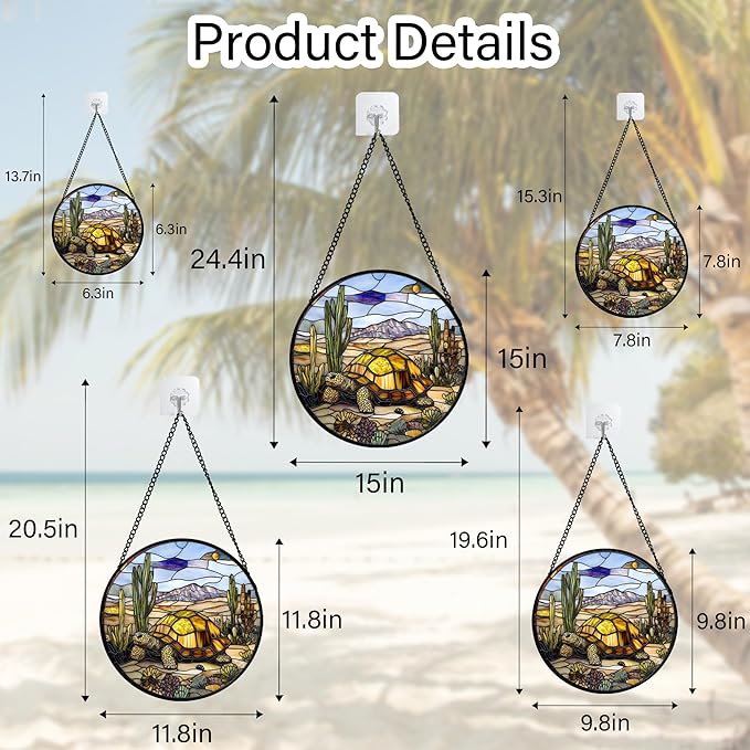 Stained Glass Window Hanging Golden Turtle Cactus Landscape Large 11.8" - Suncatcher Door Garden Sunroom Sun Catcher Home Decor Birthday Christmas for Mom Men Woman Nana