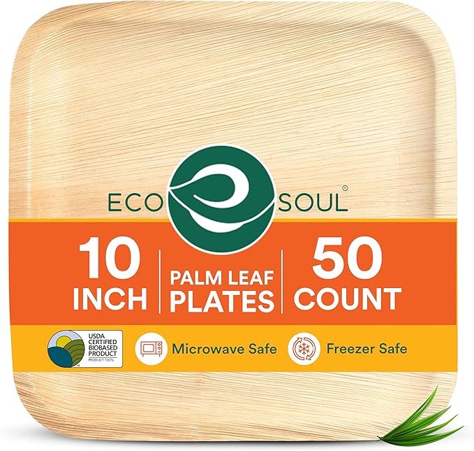 ECO SOUL 10 Inch Palm Leaf Disposable Bamboo Plates Food Safe [50 Count] Wooden Square Compostable & Biodegradable Heavy Duty Party Plates for Dinner, Weddings, Parties & Events